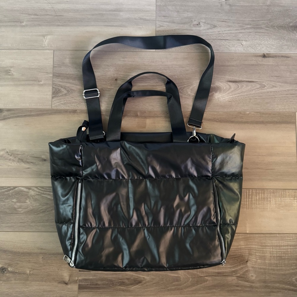 Black Metallic Quilted Tote Bag for gym, travel, school
